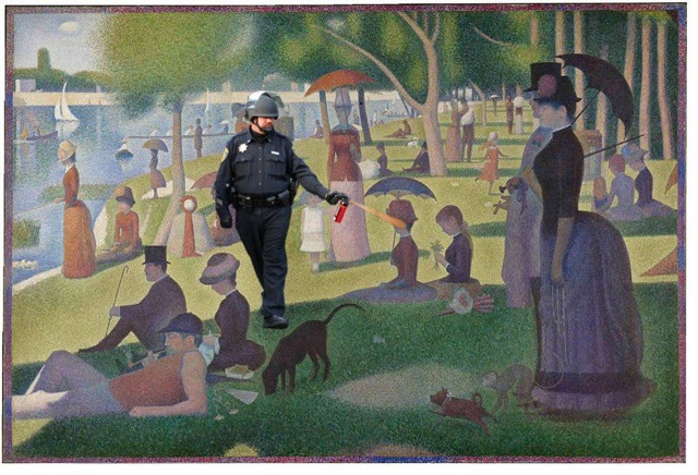 Pepper spraying cop in Seurat painting
