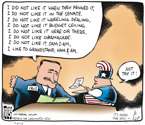 Cartoon lampooning Senator Ted Cruz in Seuss-like rhyme.