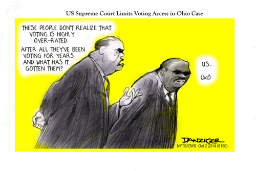 Cartoon about Supreme Court's upholding Ohio's voting restrictions:  Scalia:  