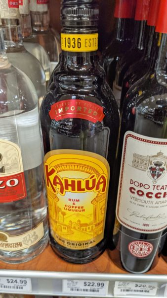 Bottle of Kahlua on a store shelf