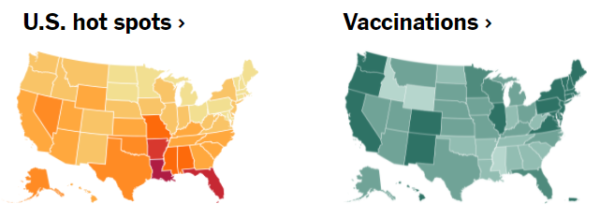 screenshot showing US covid hot spots and US vaccine uptake by state